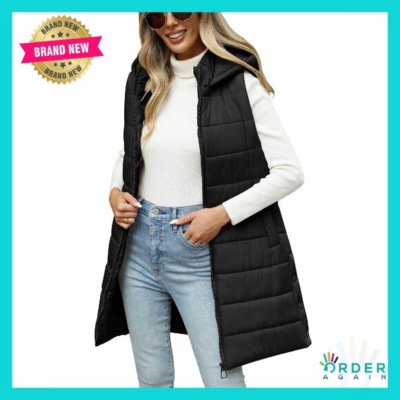 Long Hooded Puffer Vest Sleeveless Quilted Lightweight Outerwear Chic Minimal - Picture 1 of 8